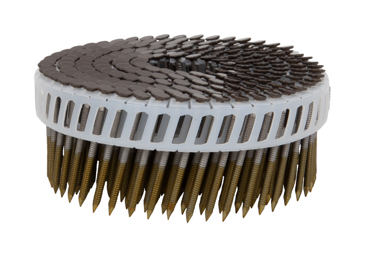 Ringshank nail, plastic coil 15°, stainless steel A4, RAL 8004 Copper Brown